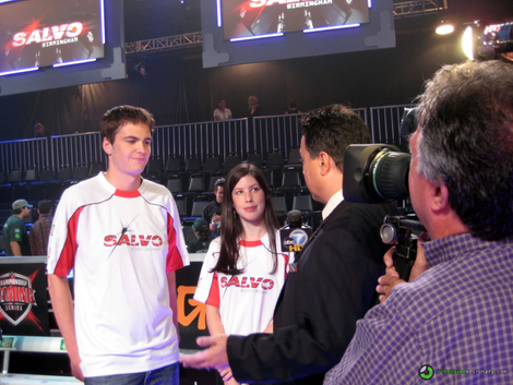 Two pro gamers from Birmingham Salvo show off the racing stripes on their uniforms for the CGS in 2008 (image via VideogameVisionary.com/Flickr)